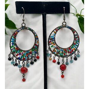 Colorful Beaded Hoop Earrings with Dangle Accents Silver Tone Seed Bead Rainbow